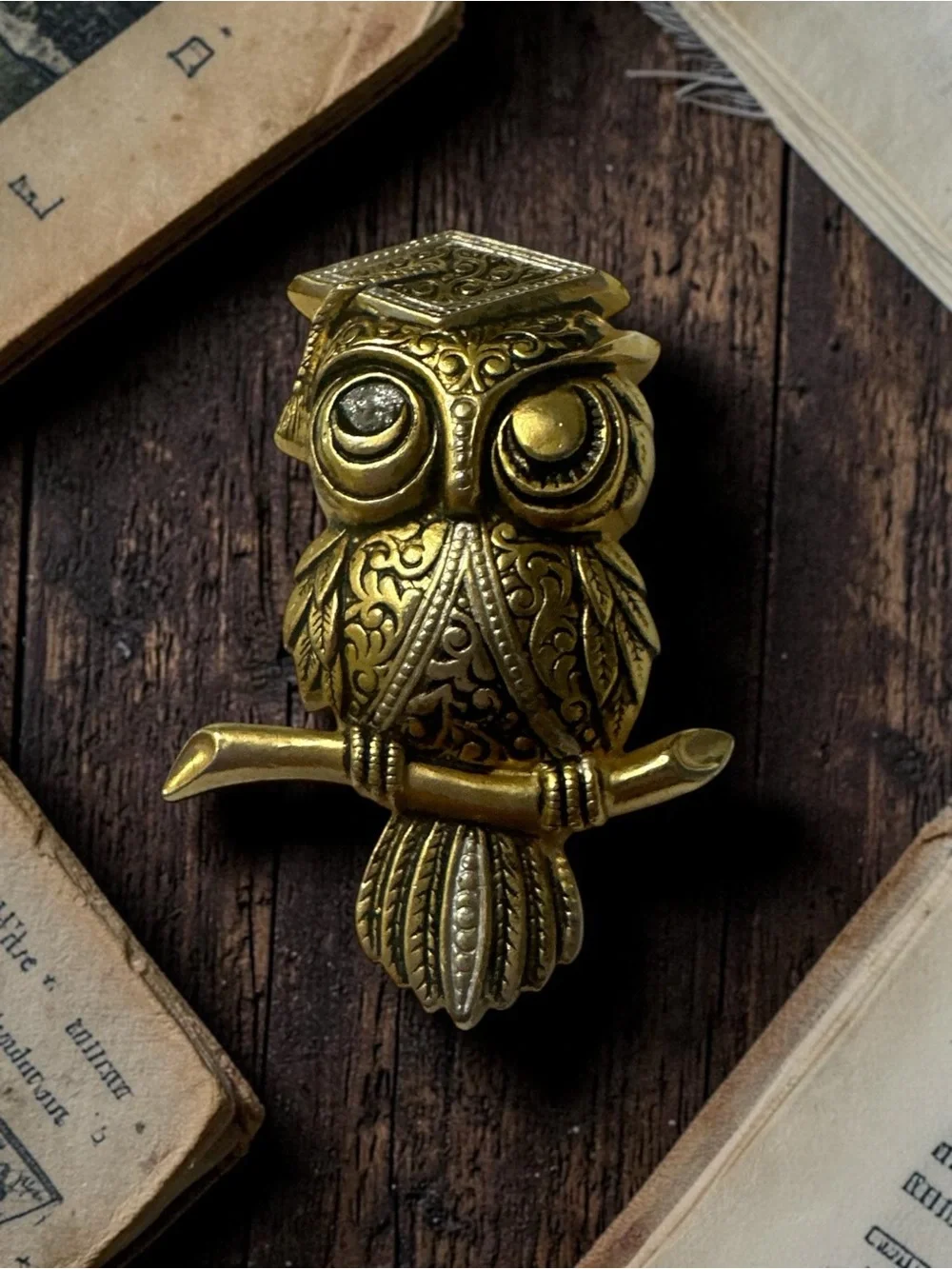 Gold Owl Brooch Pin - Elegant Filigree Design
